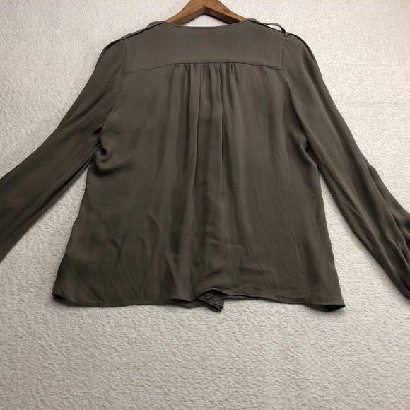 PARKER Women’s V Neck High Low Long Sleeve 100% Silk Blouse Green - Picture 2 of 9